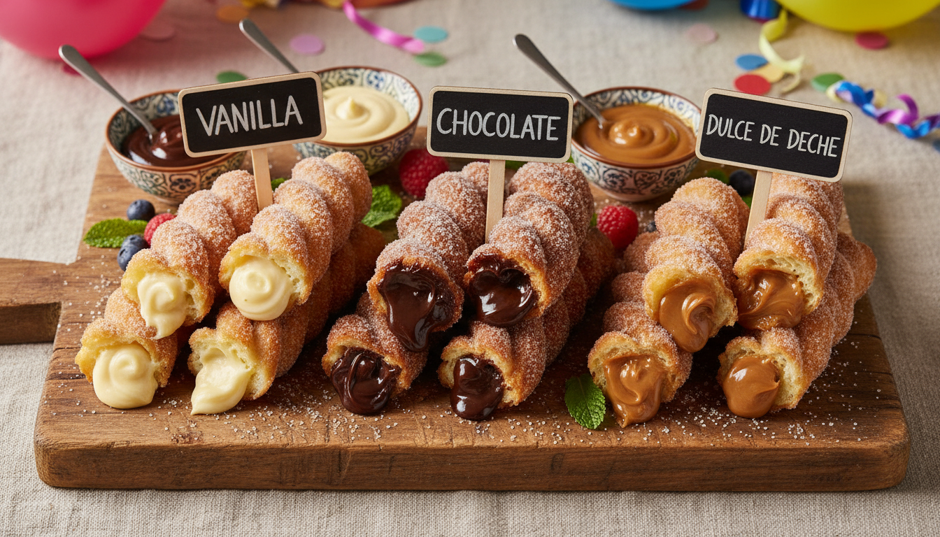Platter of creme-filled churros with three fillings: vanilla pastry cream, chocolate ganache, and dulce de leche