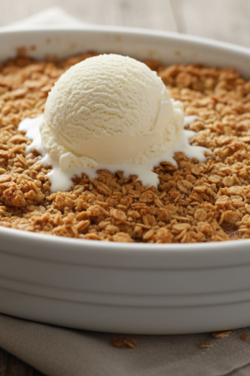 Golden apple crisp in white baking dish with vanilla ice cream