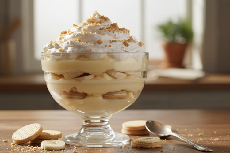 Easy banana pudding recipe in a glass trifle dish with layers of custard, wafers, and bananas