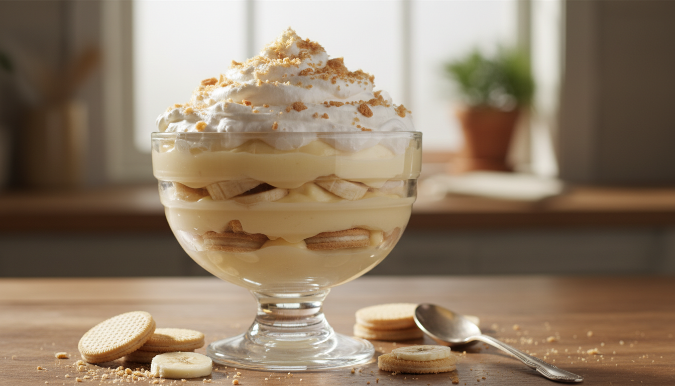 Easy banana pudding recipe in a glass trifle dish with layers of custard, wafers, and bananas
