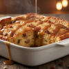 Classic bread pudding in a baking dish with golden brown top drizzled with warm vanilla bourbon sauce