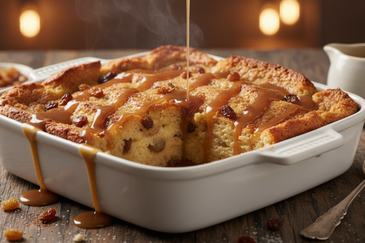 Classic bread pudding in a baking dish with golden brown top drizzled with warm vanilla bourbon sauce