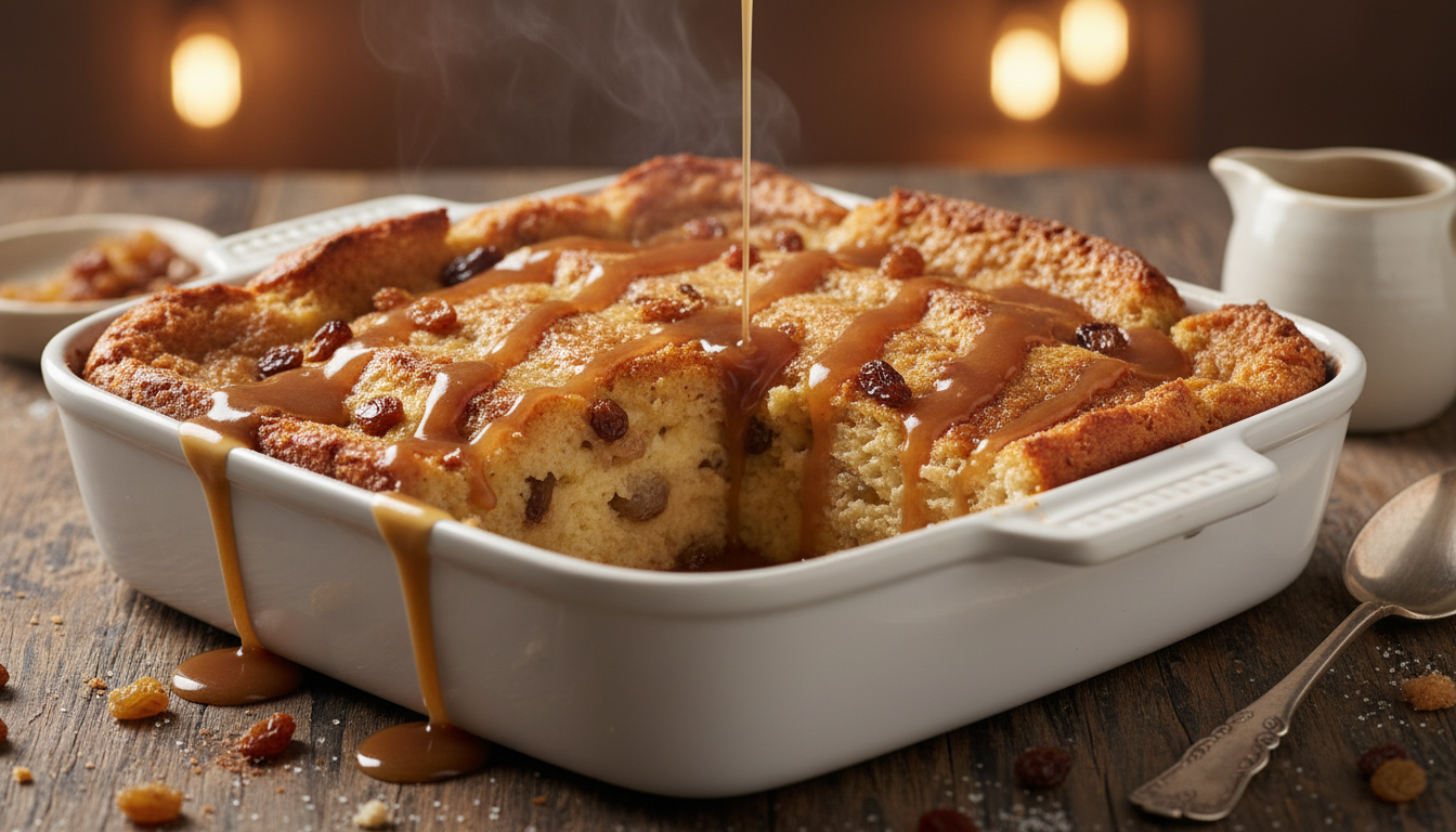 Classic bread pudding in a baking dish with golden brown top drizzled with warm vanilla bourbon sauce