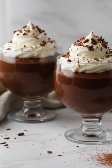 Easy chocolate mousse recipe in glass cups with whipped cream and chocolate shavings