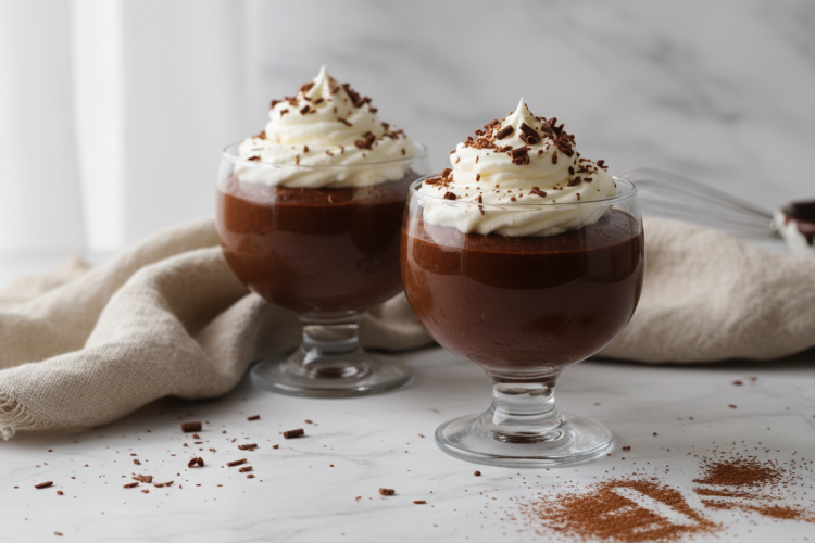 Easy chocolate mousse recipe in glass cups with whipped cream and chocolate shavings