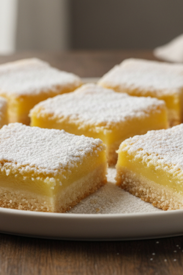Classic homemade lemon bars dusted with powdered sugar on white plate with fresh lemon slices
