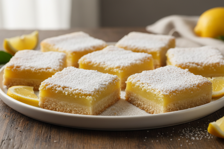 Classic homemade lemon bars dusted with powdered sugar on white plate with fresh lemon slices