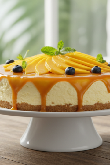 No-bake mango cheesecake on a white cake stand with vibrant golden mango glaze and fresh mango slices