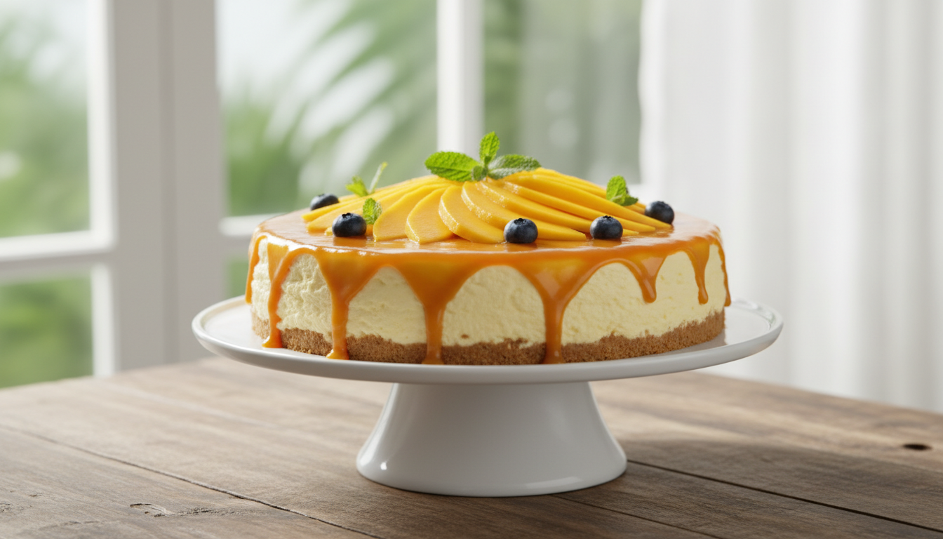 No-bake mango cheesecake on a white cake stand with vibrant golden mango glaze and fresh mango slices