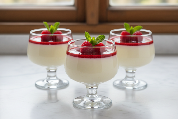 Three elegant vanilla panna cottas in glass cups topped with raspberry coulis and mint