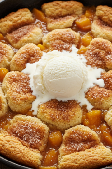 Rustic cast iron skillet peach cobbler with vanilla ice cream