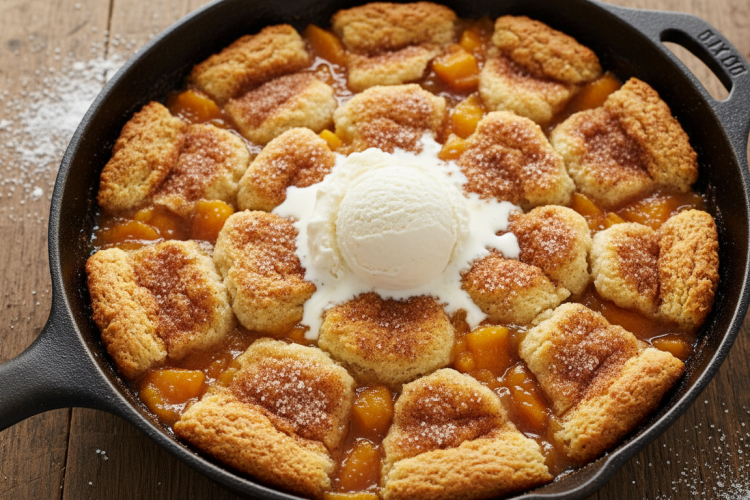 Rustic cast iron skillet peach cobbler with vanilla ice cream