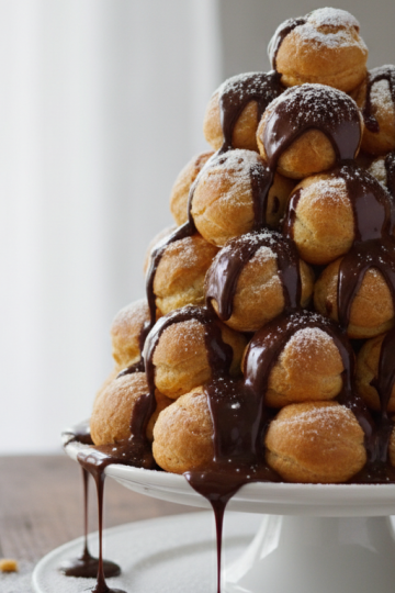 Golden profiteroles tower on a cake stand with chocolate sauce and powdered sugar