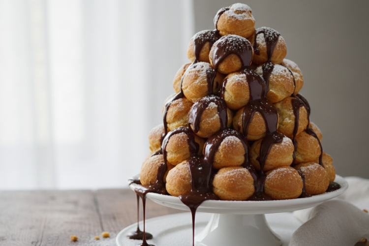 Golden profiteroles tower on a cake stand with chocolate sauce and powdered sugar