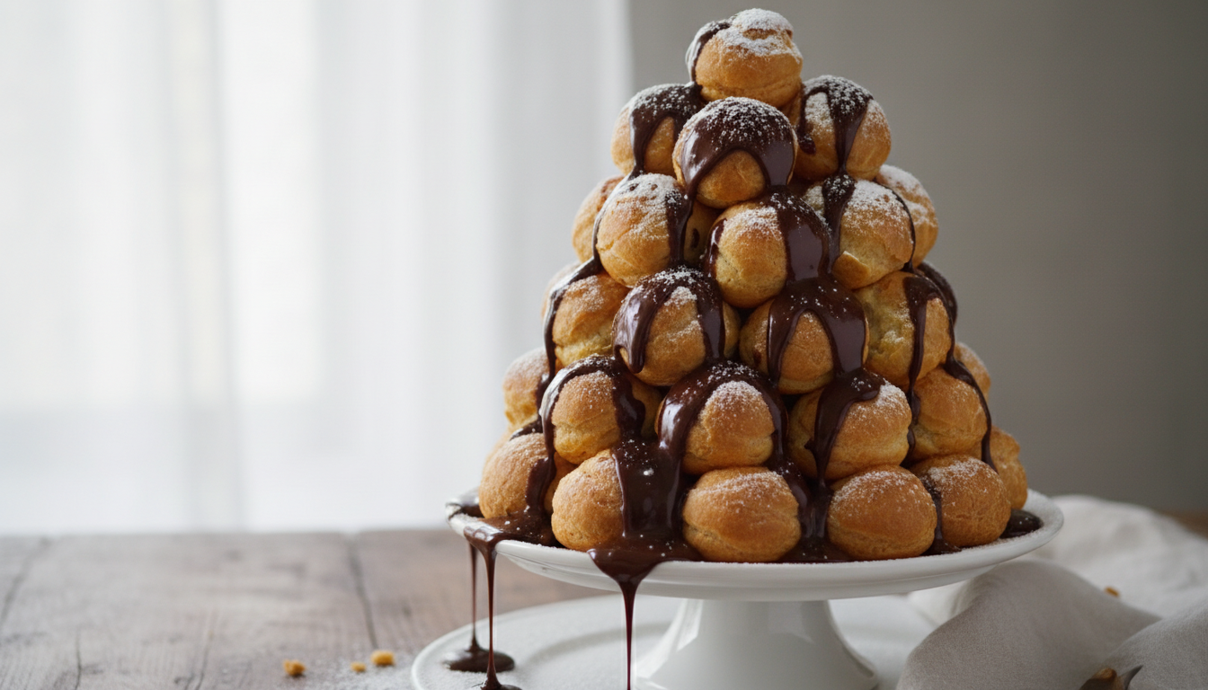 Golden profiteroles tower on a cake stand with chocolate sauce and powdered sugar
