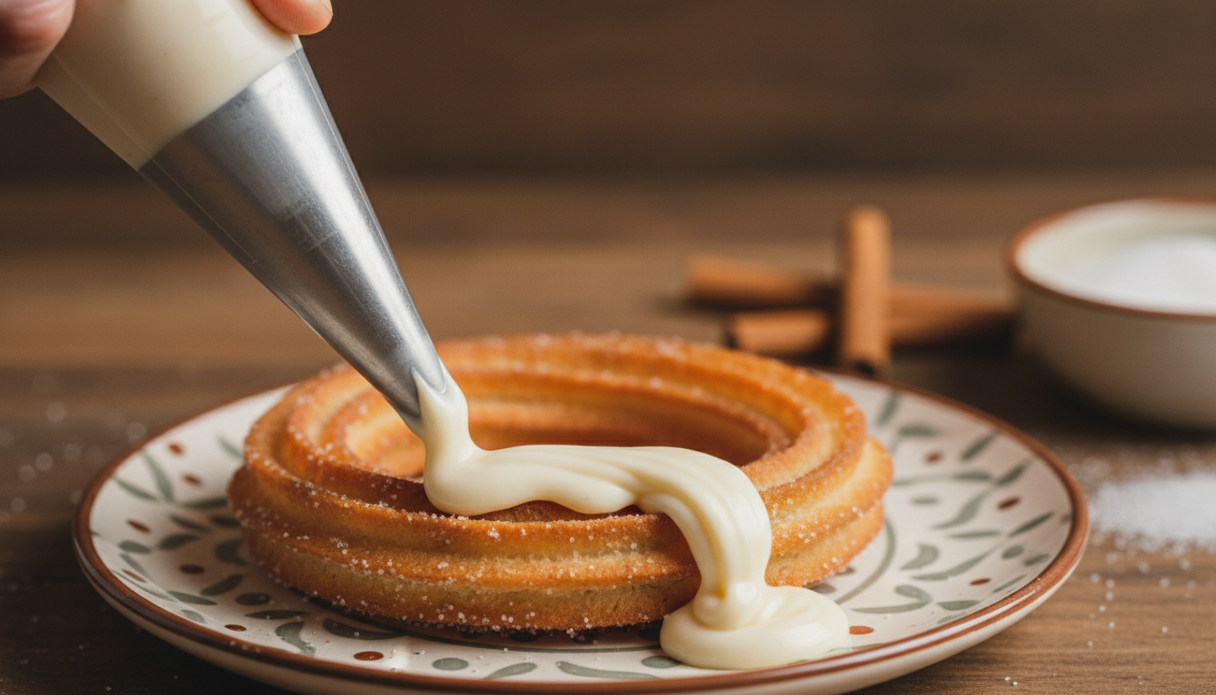 Piping bag with long filling tip injecting vanilla pastry cream into a golden churro