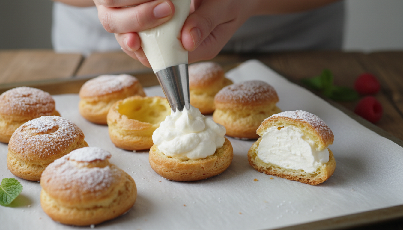Filling profiterole shells with whipped cream using a small piping tip, cross-section showing creamy interior
