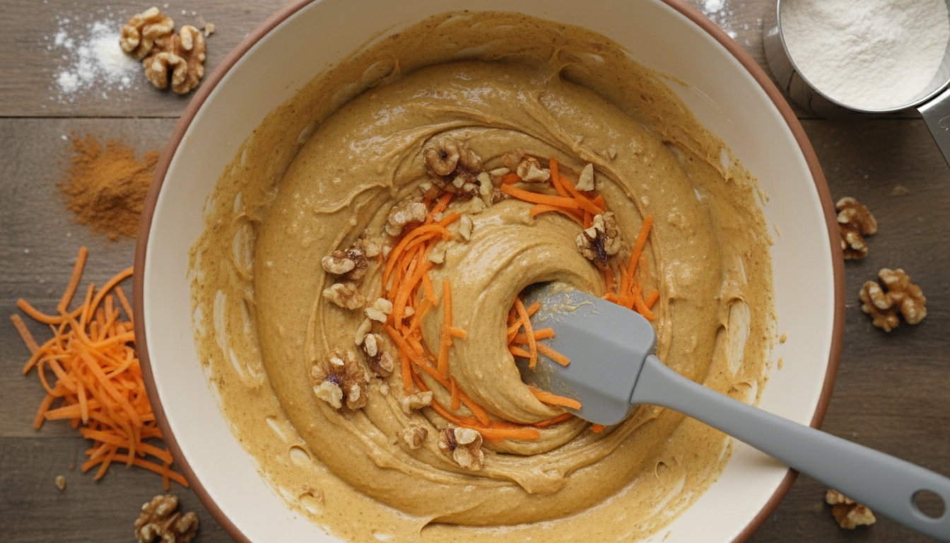 Folding shredded carrots and walnuts into carrot cake batter