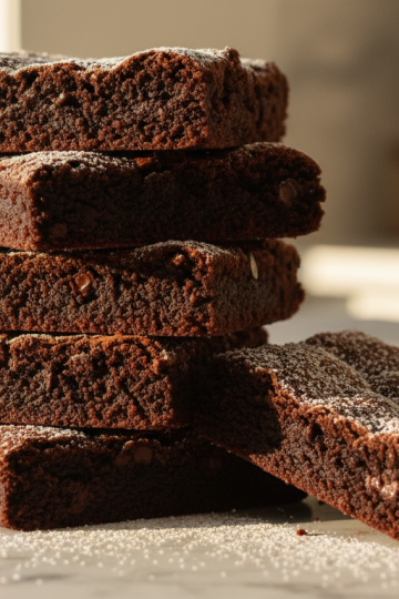 Stack of fudgy homemade brownies from scratch