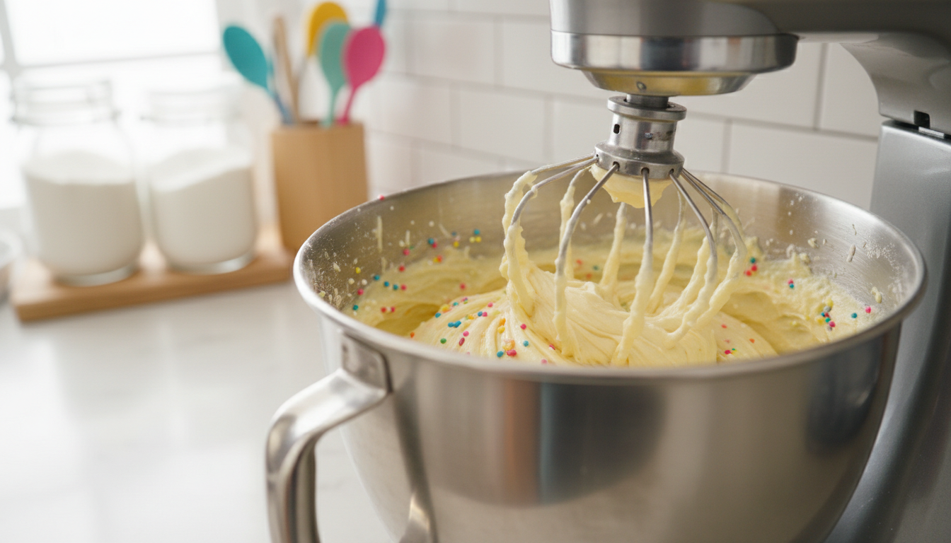 Creaming butter and sugar in stand mixer for funfetti cake