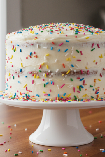 Funfetti cake from scratch on a white cake stand