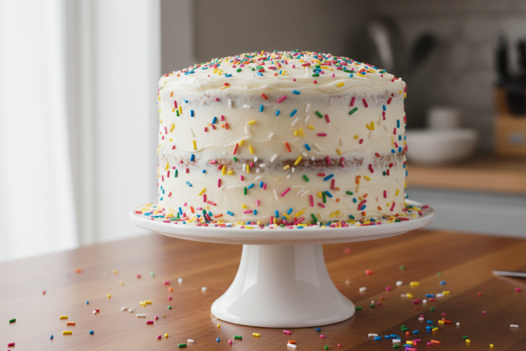 Funfetti cake from scratch on a white cake stand