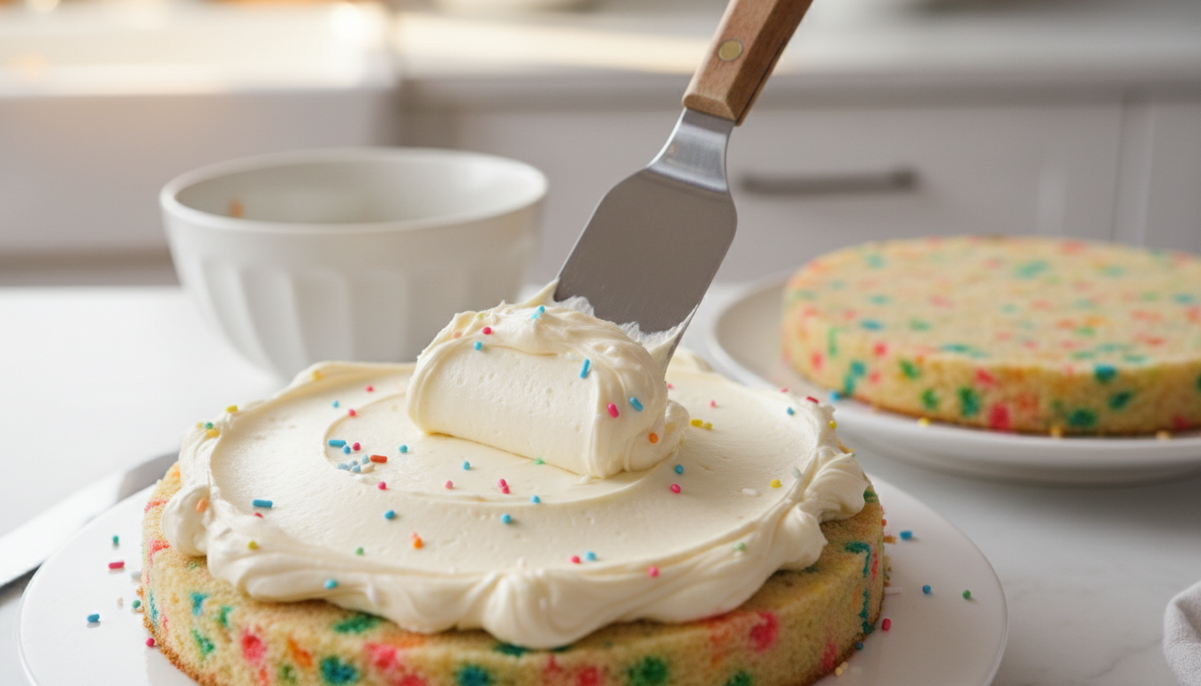 Spreading white buttercream frosting on funfetti cake layers