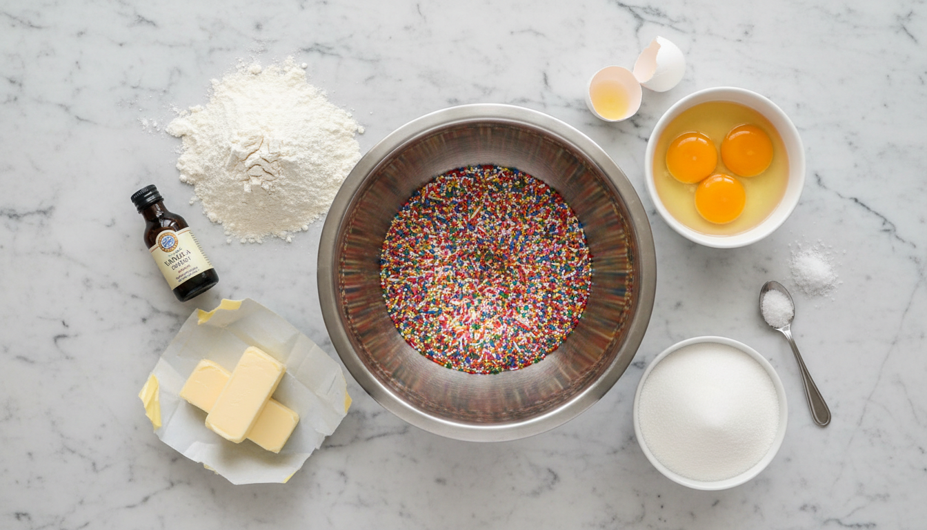 Funfetti cake ingredients laid out on marble countertop