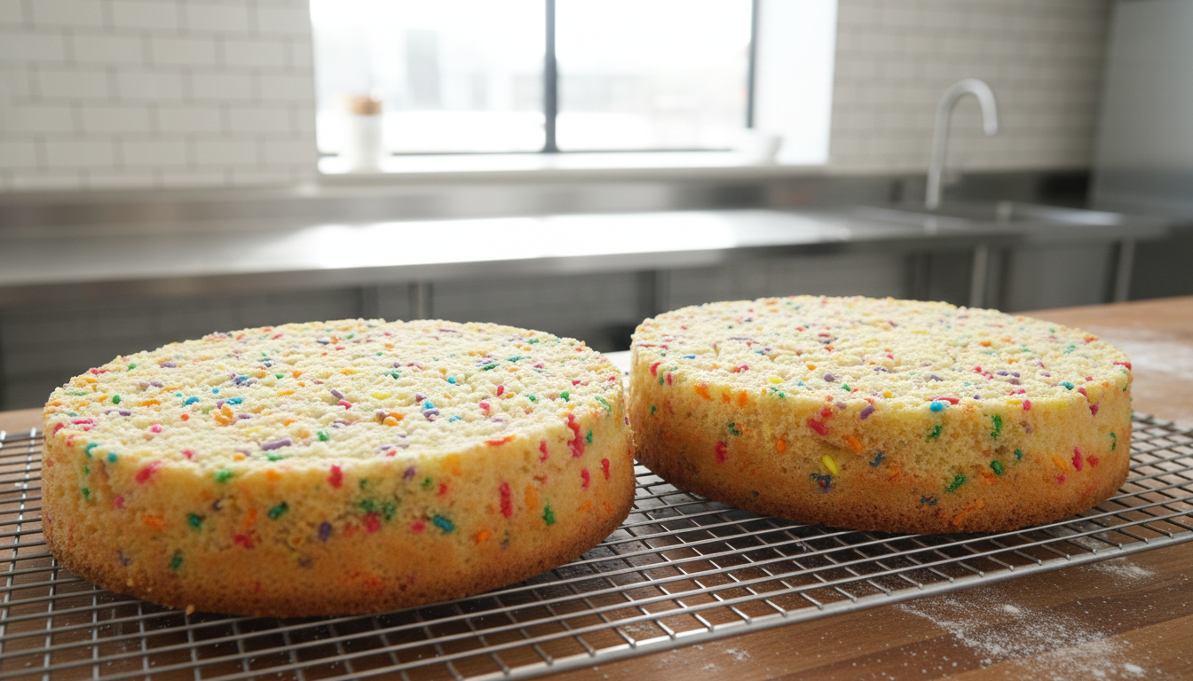 Two funfetti cake layers cooling on wire rack