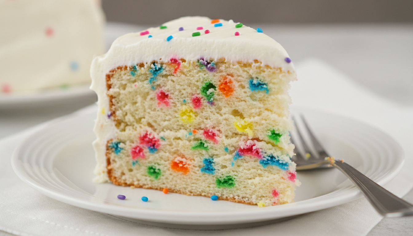 Single slice of funfetti cake showing colorful sprinkles inside