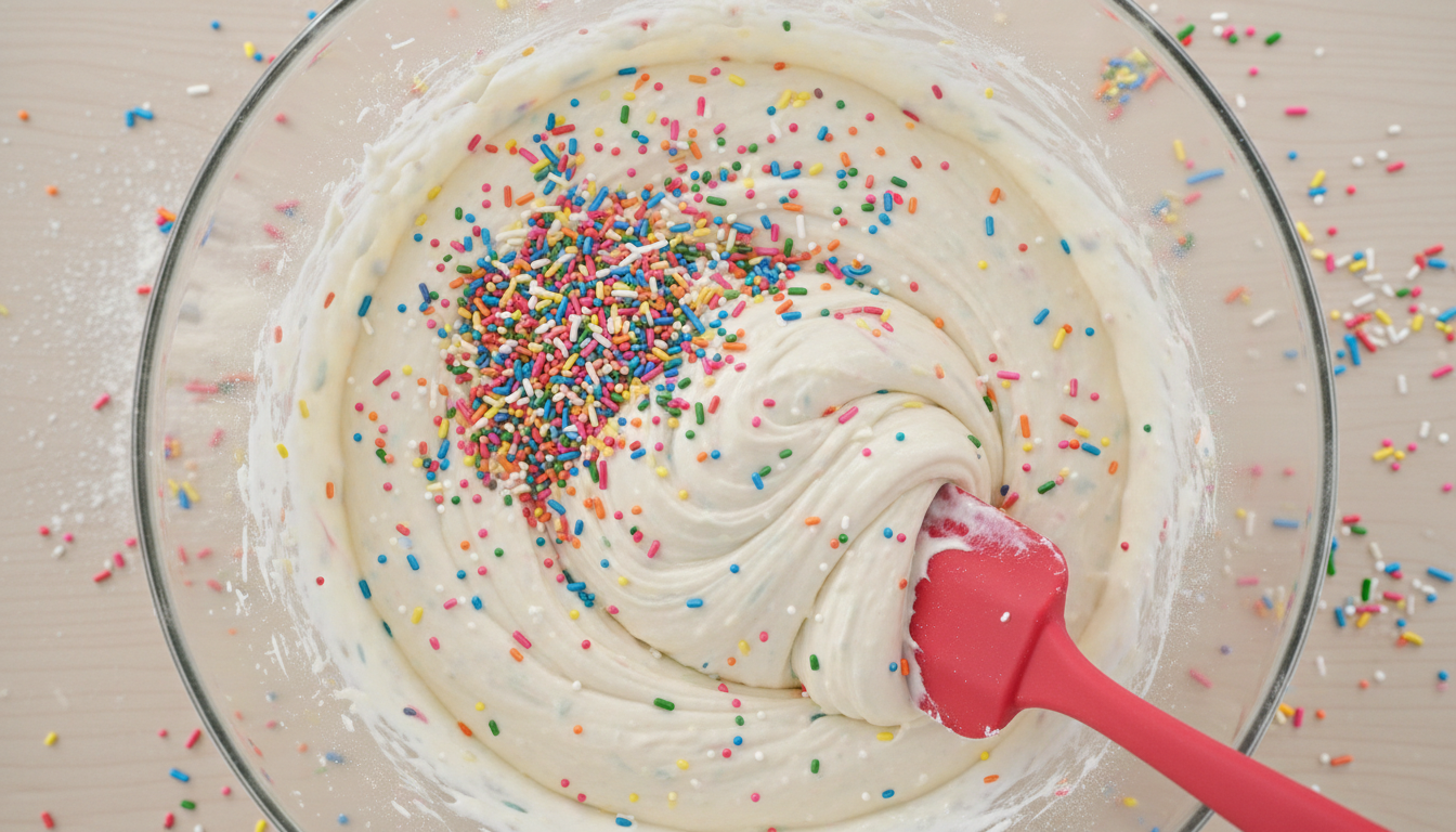 Folding rainbow sprinkles into funfetti cake batter