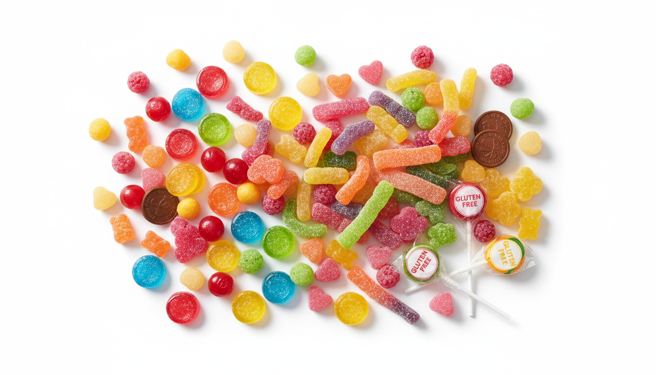 Assorted gluten-free candy varieties flat lay on white background