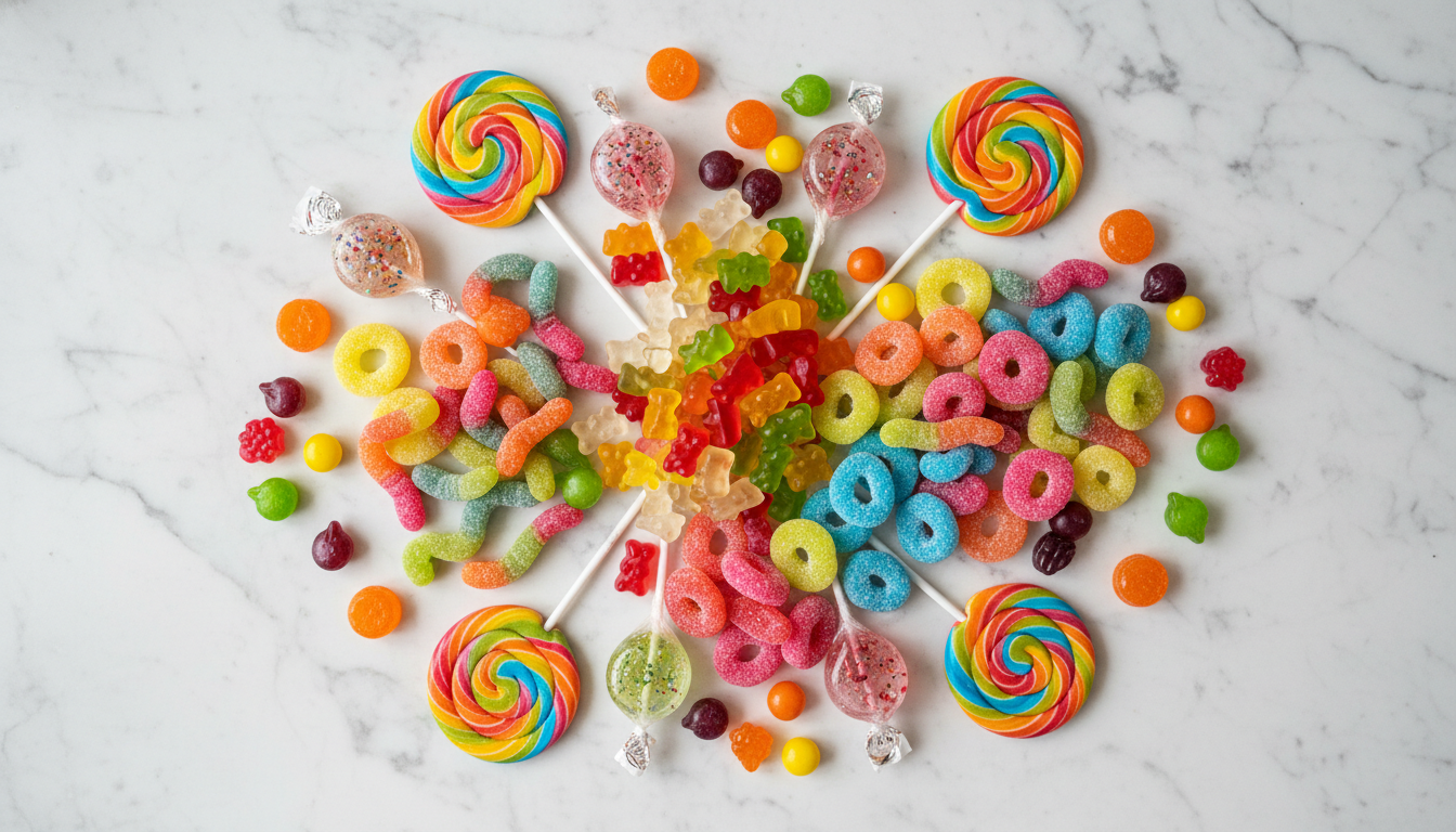 Assorted gluten-free candy varieties flat lay on white marble