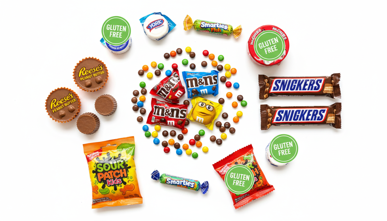 Flat-lay of popular gluten-free candy options including M&Ms, Reese's, and other chocolates