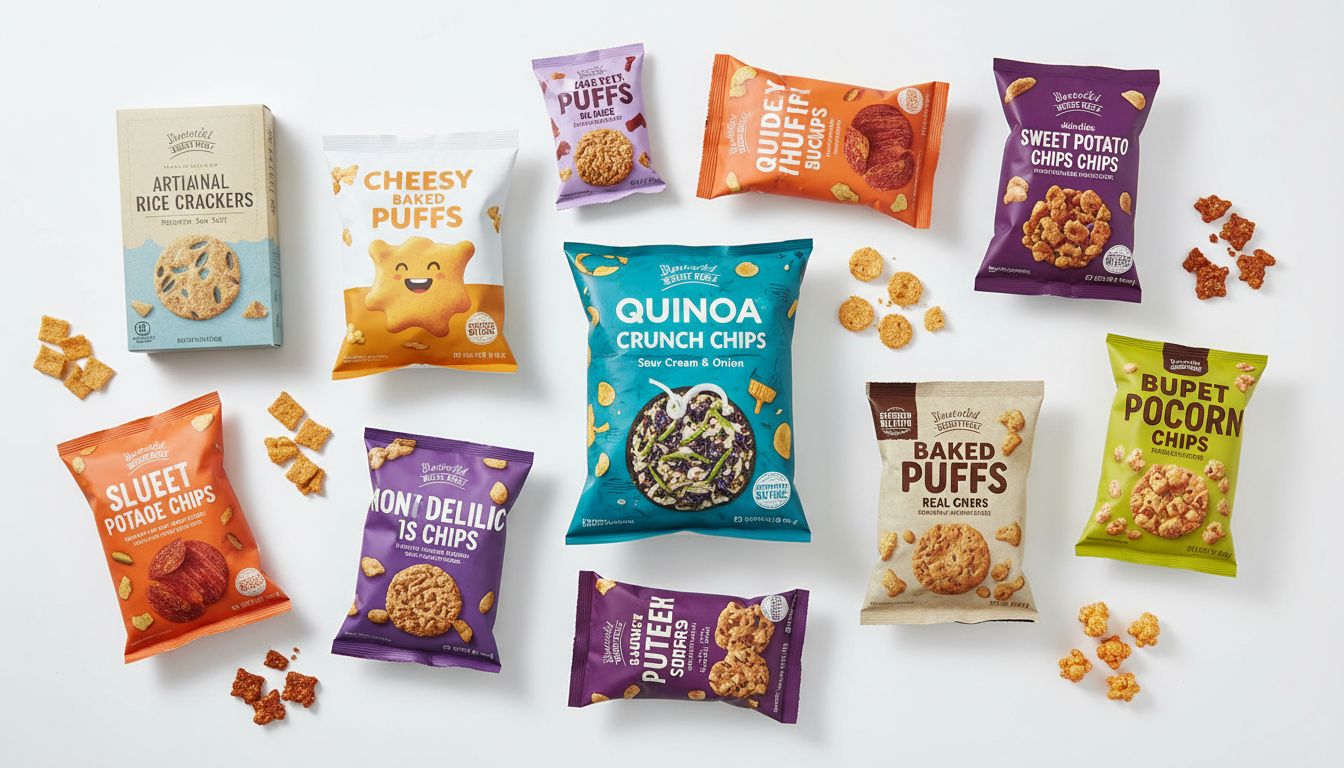 Assorted gluten-free snack packages flat lay on white background