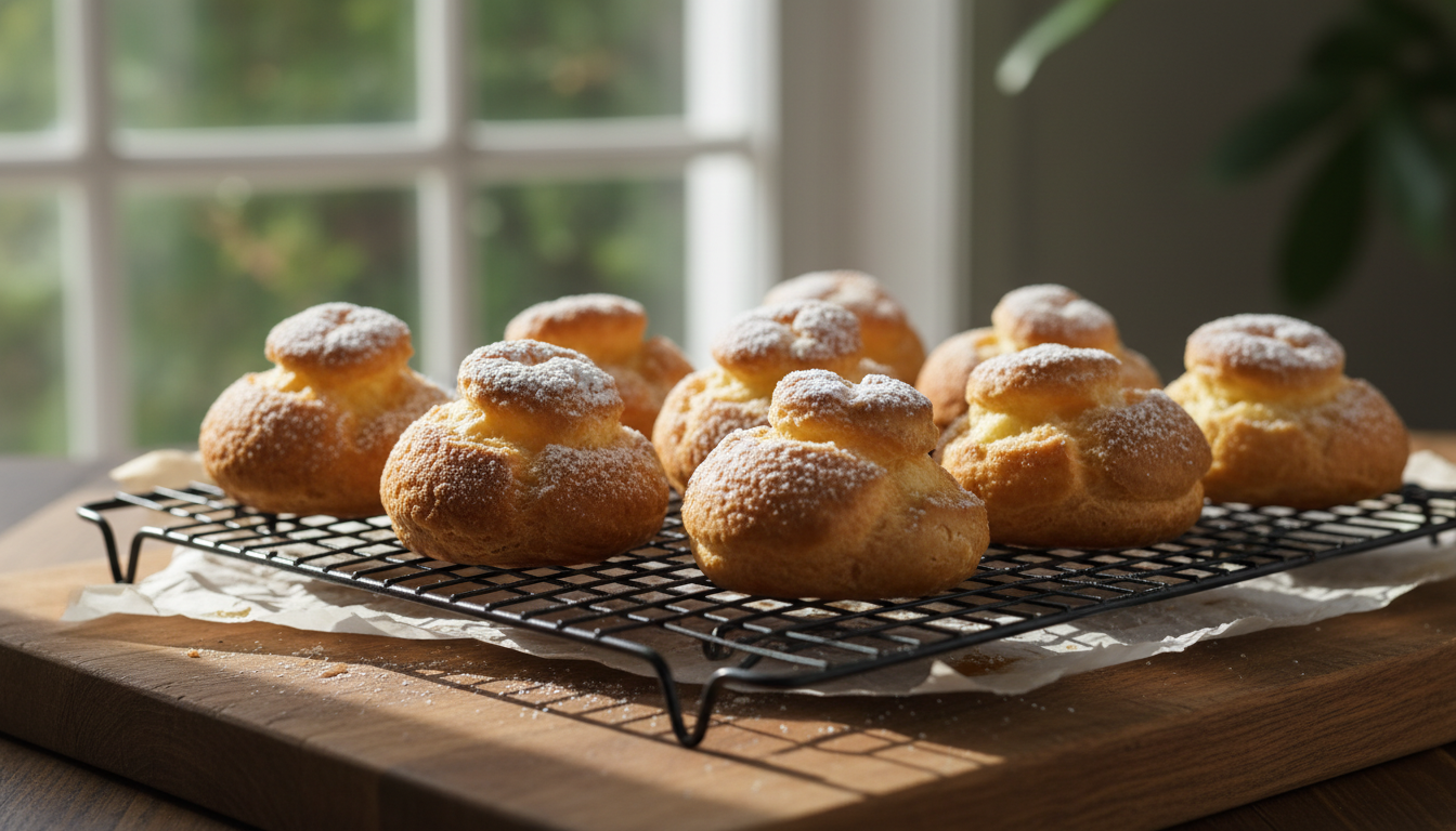 Golden baked choux puffs cooling on a wire rack, perfectly puffed and hollow