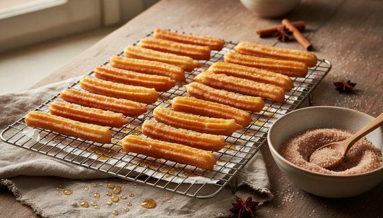 Golden-brown fried churros draining on wire rack with cinnamon sugar bowl nearby