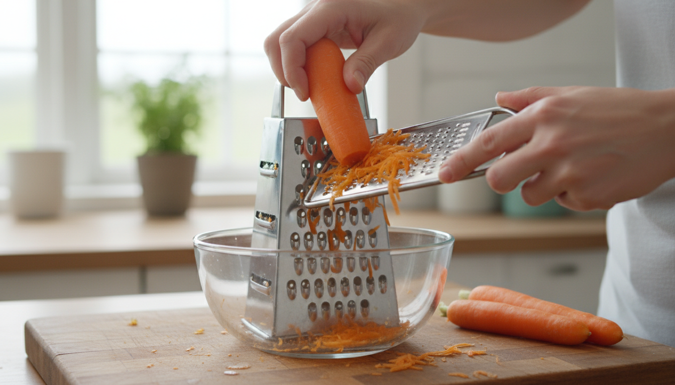 Grating fresh carrots on a box grater for carrot cake