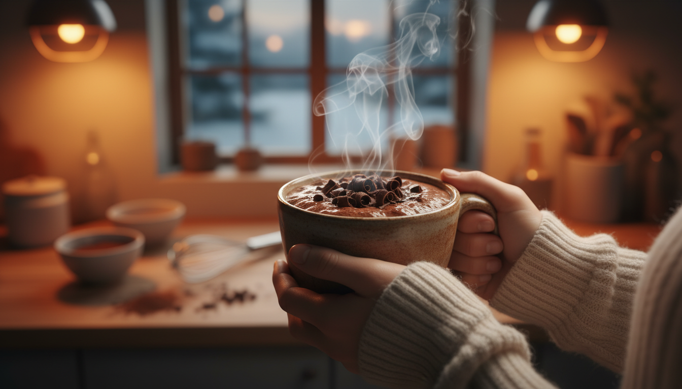 Mug of hot chocolate with dark chocolate shavings — gluten free hot cocoa lifestyle