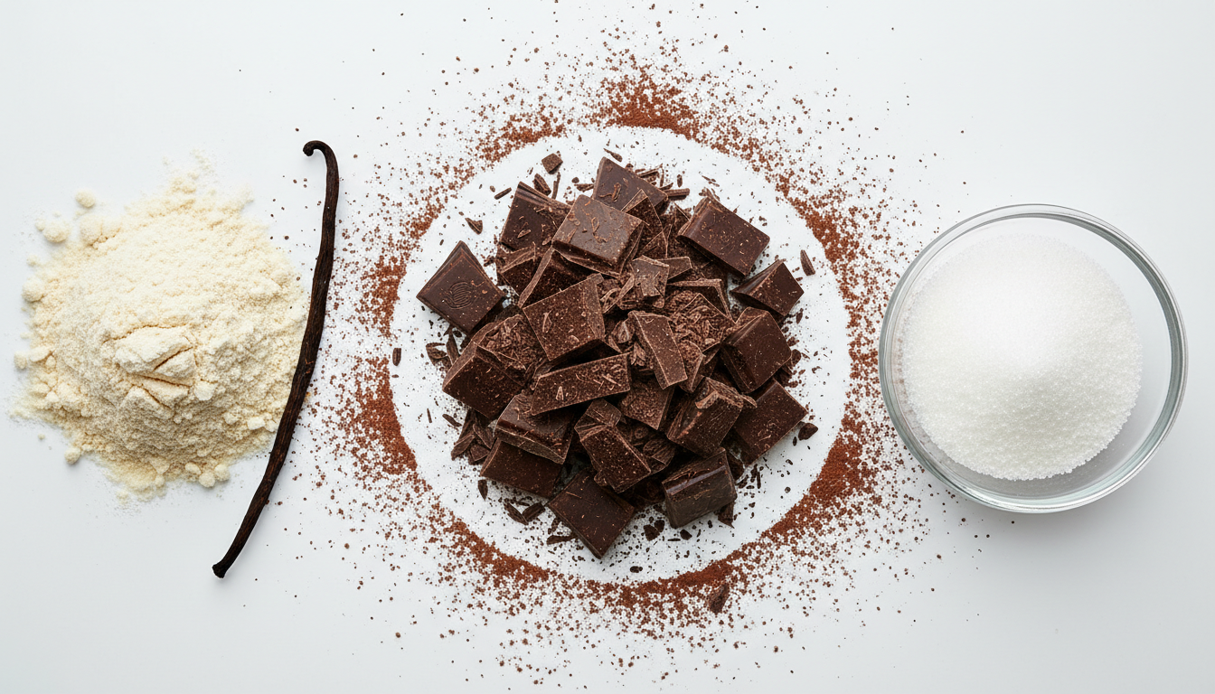 Gluten free chocolate baking ingredients flat lay — dark chocolate cocoa almond flour vanilla