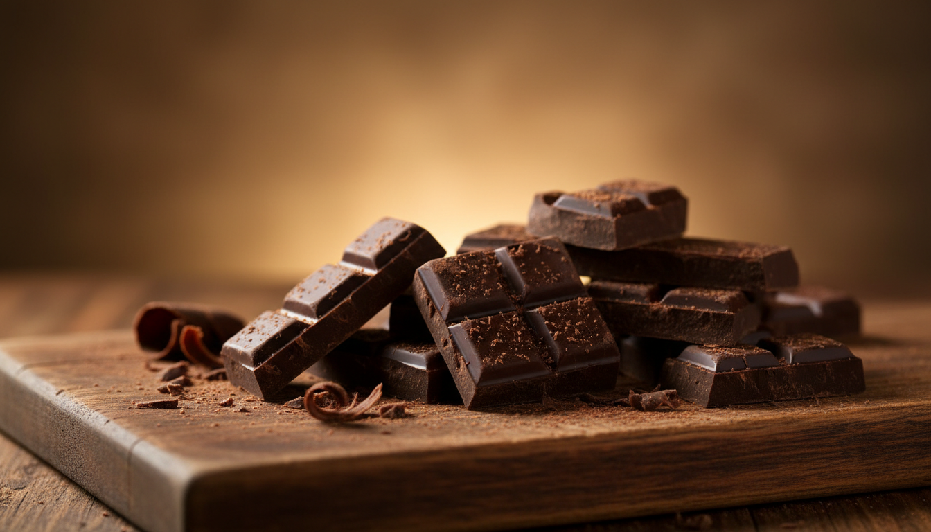 Premium dark chocolate shards broken on wooden board — gluten free chocolate guide