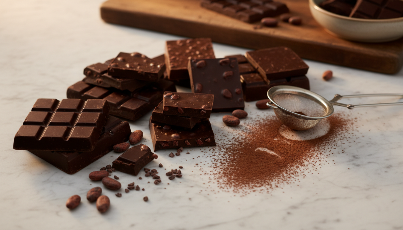 Is Ghirardelli chocolate gluten free — assorted dark chocolate squares on marble surface