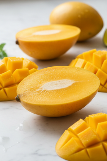 fresh ripe yellow mangoes cut in half showing bright orange flesh