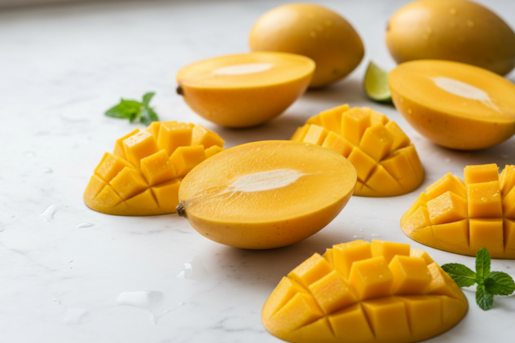 fresh ripe yellow mangoes cut in half showing bright orange flesh