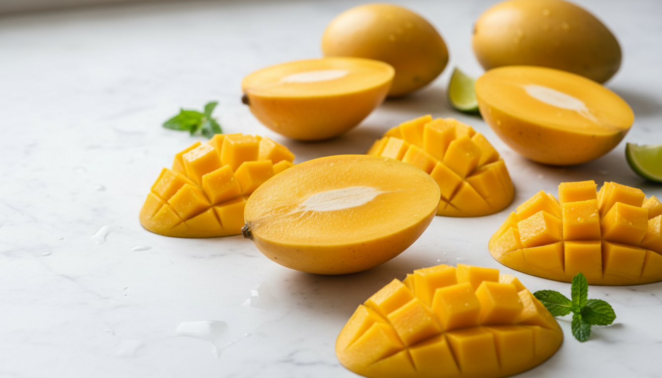 fresh ripe yellow mangoes cut in half showing bright orange flesh