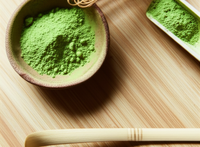ceremonial grade matcha powder in ceramic bowl with bamboo whisk gluten free