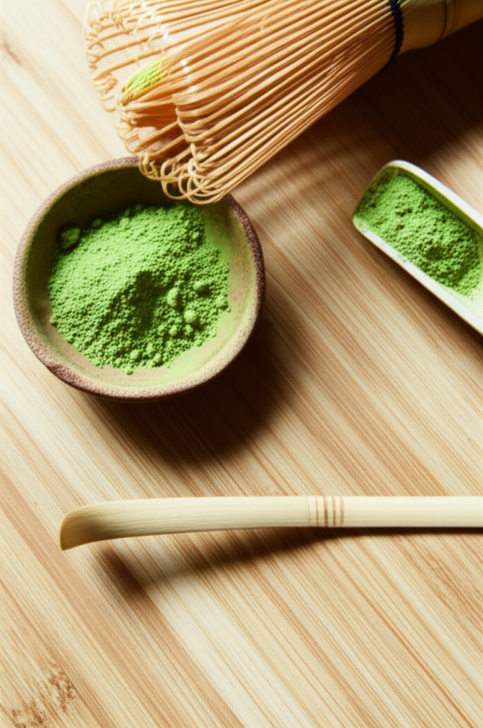 ceremonial grade matcha powder in ceramic bowl with bamboo whisk gluten free