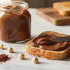 Nutella jar open on marble countertop with knife spreading Nutella on toast, hazelnuts and cocoa powder nearby