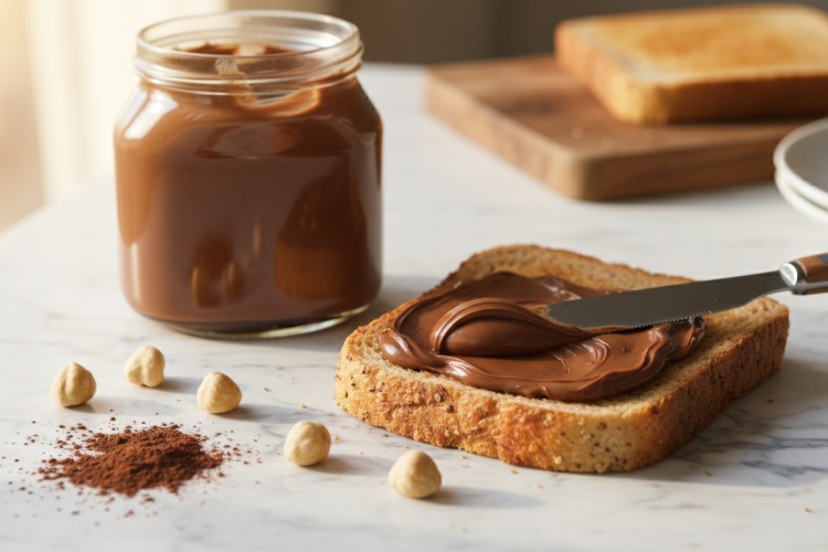 Nutella jar open on marble countertop with knife spreading Nutella on toast, hazelnuts and cocoa powder nearby