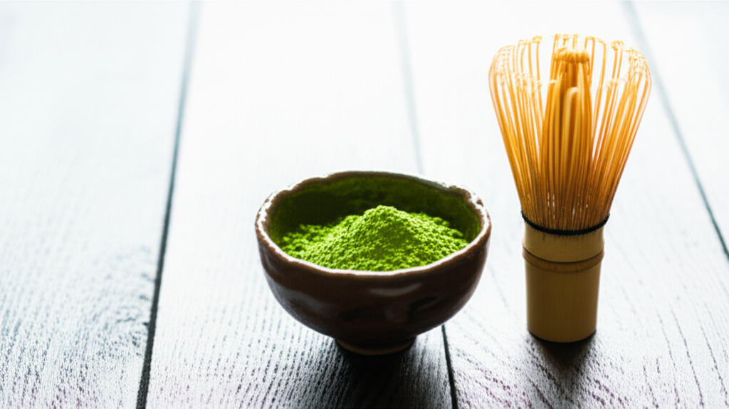 traditional Japanese tea ceremony matcha whisk ceramic bowl green powder